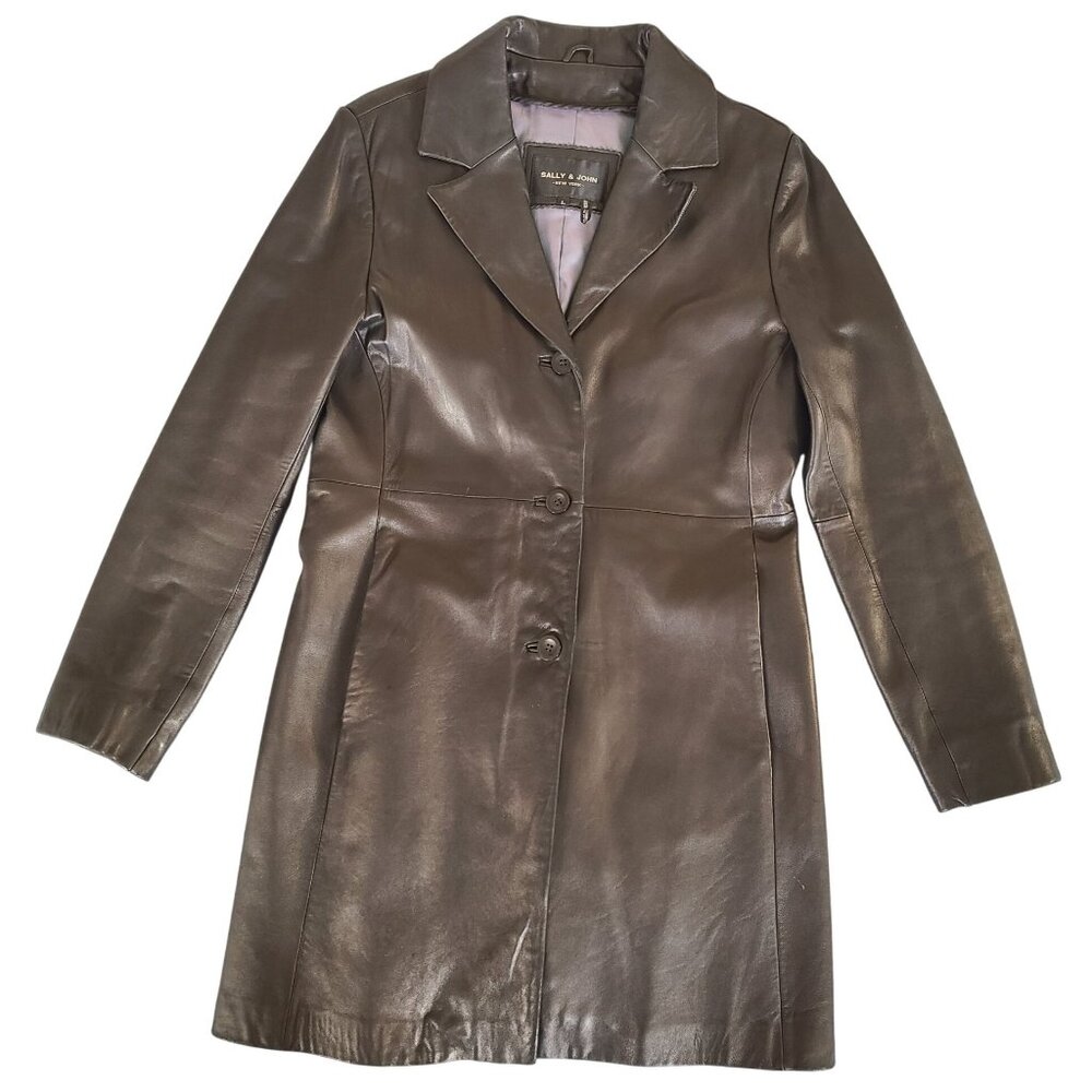 Sally & John New York Womens Leather Trench Coat Jacket Size L Super Soft